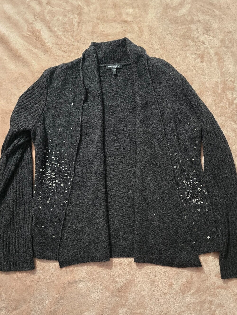 Eileen Fisher Merino Wool Cashmere Sequin Cardigan Gray Ribbed Sleeves Petite S